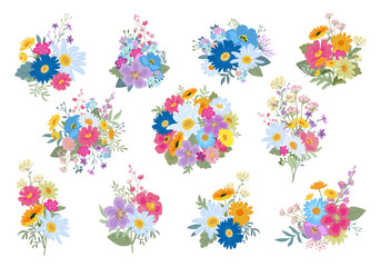 Collection of eleven vector bouquets of colorful wildflowers. Elegant floral compositions with forget-me-nots, chamomile, daisies.