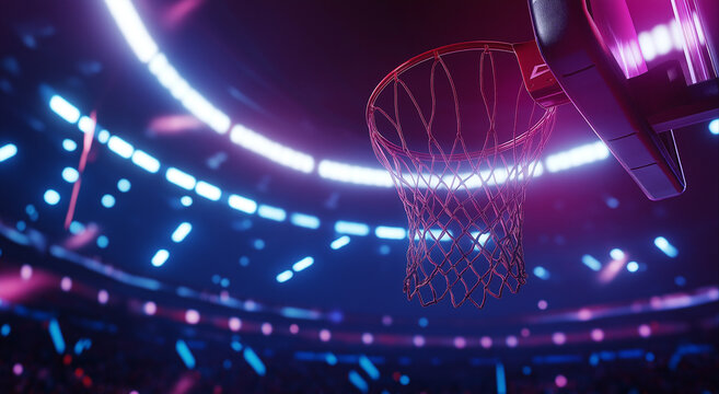 Close up de uma bola de basquete passando pela cesta durante um jogo profissional dentro de um est&aacute;dio lotado, com luzes brilhantes iluminando a cena