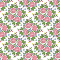 Floral colorful seamless pattern with roses, vintage style. Vector hand drawn illustration on transparent background.
