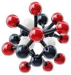Molecular model with red, black, and white spheres connected by rods