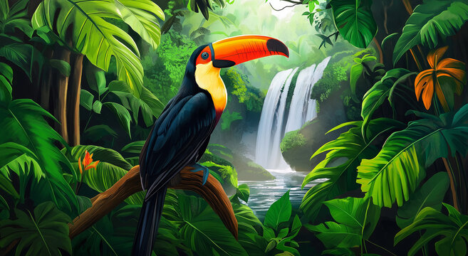 Tucano colorido empoleirado entre folhas verdes exuberantes com cachoeira ao fundo, capturando o vibrante habitat natural da floresta tropical em detalhes impressionantes