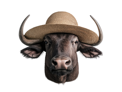 Cow wearing a straw hat, white isolate background