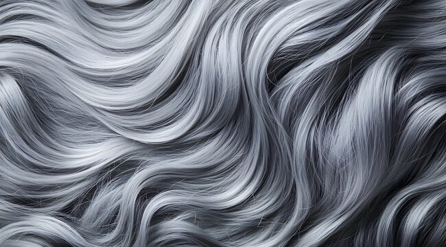 The image is of a woman's long, silvery hair. The hair is curled and has a shiny, metallic appearance. Scene is elegant and sophisticated, with the hair being the main focus of the scene