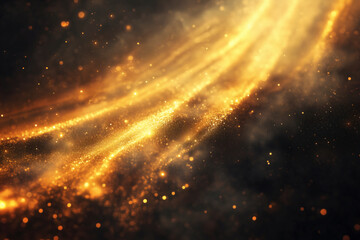 Radiant trails of shimmering golden particles cascade across a dark, textured backdrop, creating a magical effect.