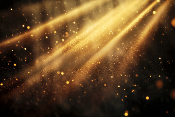 Golden light streams through a hazy atmosphere, illuminating particles in the dark. Stunning visual effect.