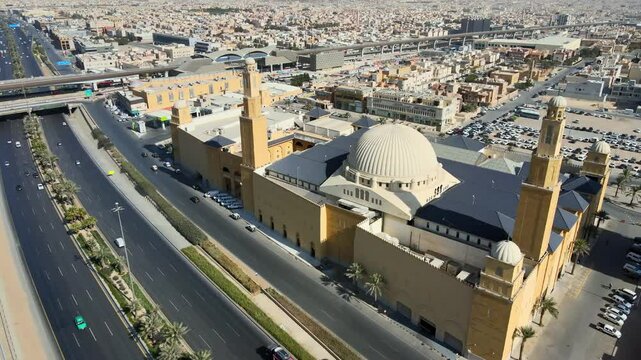 A drone point of view of Al Rajhi Mosque, Riyadh Mero line and Eastern Ring Road in Riyadh