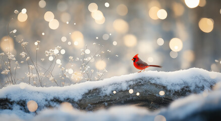 Cardeal vermelho vibrante empoleirado em tronco coberto de neve cercado por suaves luzes de bokeh de inverno em um ambiente natural sereno