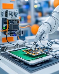 Robotic arm precisely repairs a smartphone in a high-tech lab, showcasing advanced automation and precision engineering