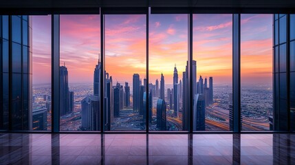 Fototapeta premium A panoramic window view of a bustling city skyline at sunset, skyscrapers standing tall against a gradient sky of pink and gold, the fading light reflecting on the glass 