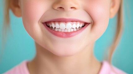 Fototapeta premium Close up of a Young Girl's Bright Smile Against Teal Background