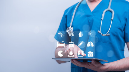 Medical Techs Innovative Interface Download Patient Data Analyze With Pie Chart Nurse In Scrubs...