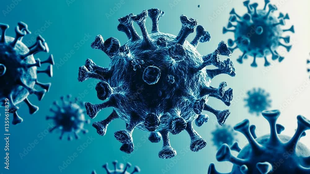 Poster viruses under microscope showing detailed structure and shape in blue tones during laboratory analys