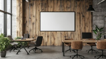 Collaborative workspace featuring a blank poster mockup on a rustic wooden wall, modern and inviting, 3D rendering.