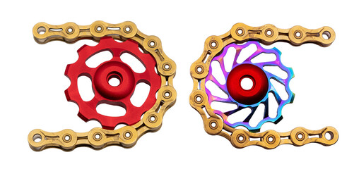Two Mountain Bike Pulley Wheel with golden bicycle chain closeup on white background