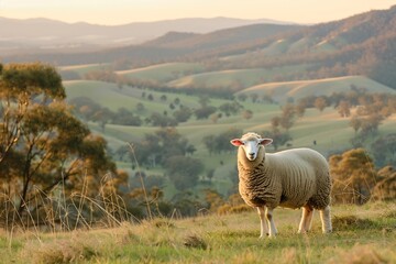 Merino sheep Ovis aries standing in a lush green field its thick curly wool illuminated by soft morning light Rolling hills stretch into the background