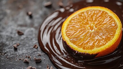 Sliced orange segment dipped in dark chocolate showcasing striking contrast