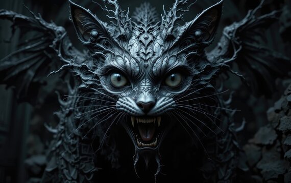 Creepy Black Cat with Wings and Sharp Teeth Growling Close Up
