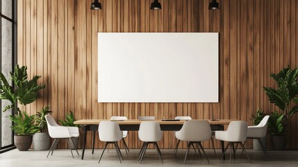 Cozy office space with a wooden wall and a blank white canvas, perfect for interior design mockups, 3D rendering
