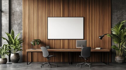Creative agency office with a stylish wooden backdrop and a blank poster mockup for advertising purposes, 3D rendering