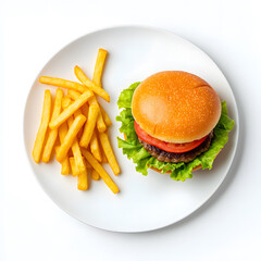 Top view French fries and Burger on white plate, isolated on white background