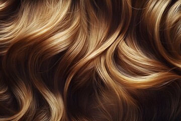 Naklejka premium The image is of a woman's long, curly hair with a golden hue. The hair is styled in a way that it is in motion, giving the impression of a flowing, natural look