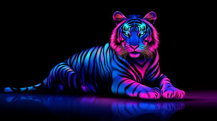 Obraz premium Neon glowing tiger illustration with pink and blue lights on black background for digital art, posters, branding, and creative nature visuals