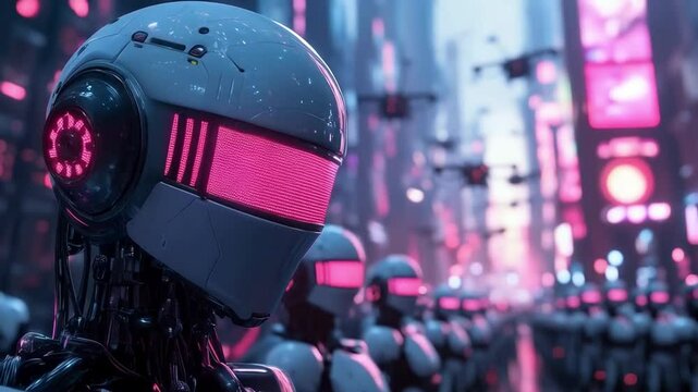 Cybernetic March: A futuristic cityscape, alive with vibrant neon lights, frames a regiment of advanced robots marching forward, exuding an aura of precision and technological prowess.