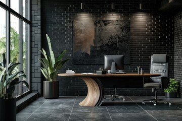 Premium Quality Visual of Black Brick Ceo Office Interior, Poster Front