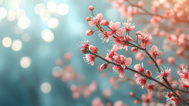 Pink Spring Blossoms. Delicate pink blossoms on a tree branch create a dreamy spring or Easter background with soft, blurred bokeh lights.