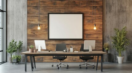 Minimalist office design with a blank poster frame on a wooden wall, stylish lighting, and clean workspace, 3D rendering.