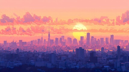 A radiant sunrise framing Tokyo skyline, soft pink and gold hues reflecting off modern skyscrapers, and the serene city streets below beginning to stir 