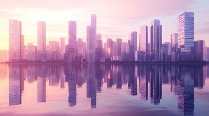 Fototapeta premium A quiet cityscape with modern high-rises reflecting the soft lavender and peach hues of a sunset, the still water below mirroring the skyline in gentle detail 