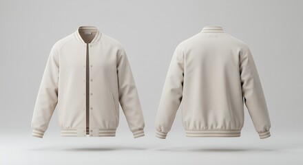 Beige Varsity Jacket Mockup Front and Back View on White Background: Stylish Casual Outerwear Design Template