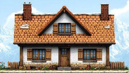 Fototapeta premium Pixelated European Cottage With Snow Covered Roof