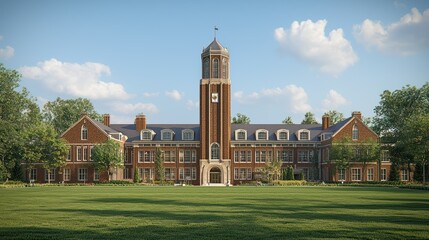 Majestic Collegiate Architecture: A Rendering of a Classic Brick Building with a Tall Clock Tower