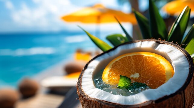 Exotic Tropical Escape: Refreshing Coconut Cocktail on a Serene Beach Vacation