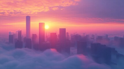 Fototapeta premium A serene cityscape at dawn, with towering skyscrapers rising above a blanket of clouds, the horizon glowing in rich sunrise colors, the soft mist below creating a surreal, peaceful ambiance 