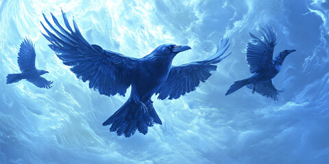 Fototapeta premium Three blue ravens in flight against a swirling blue sky background, symbolizing freedom, mystery, and the power of nature