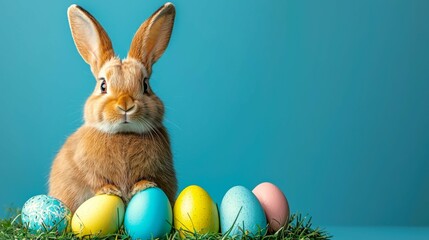 Fototapeta premium Vibrant Easter symbols for kids with a rabbit and colorful eggs in Italy