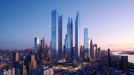 Obraz premium A sleek 3D model rendering of a modern city skyline, featuring smooth blue-toned skyscrapers and clean lines, a gradient blue sky enhancing the futuristic city landscape 