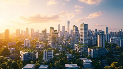 Obraz premium A sleek 3D rendering of sustainable urban architecture, with modern buildings designed with eco-friendly materials, rooftop gardens, and clean energy solutions 