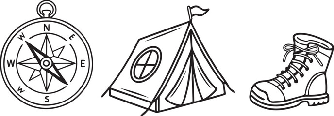 Camping & Adventure Line Art | Compass, Tent & Hiking Boot Vector