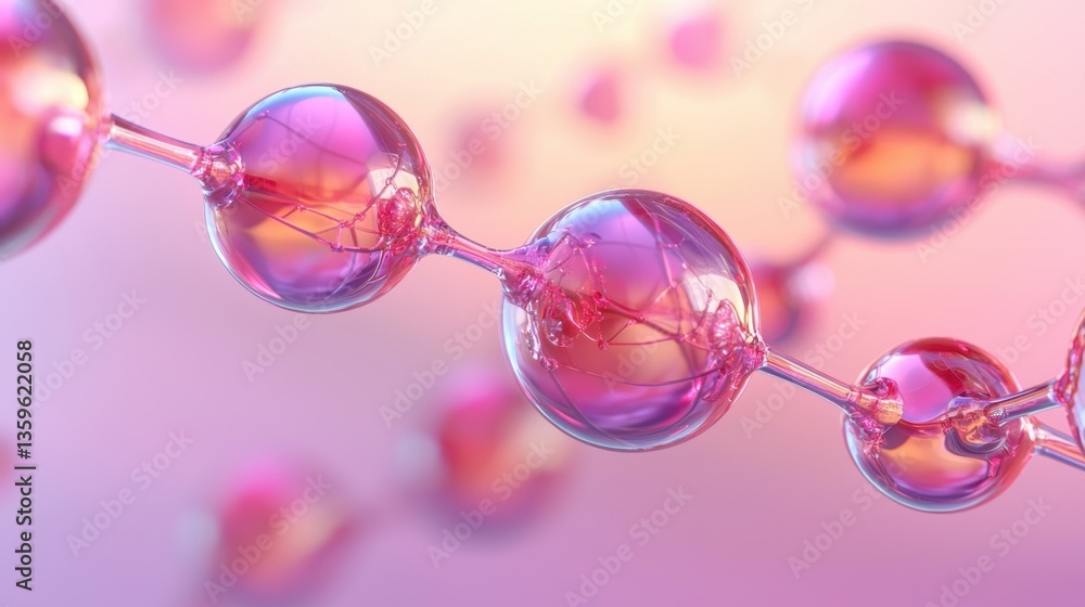 Poster 3d rendering of an abstract molecular network with metallic textures and soft glowing reflections.