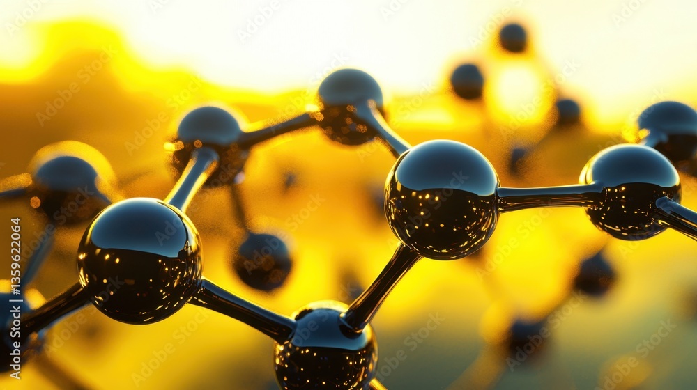 Poster 3d rendering of an abstract molecular network with metallic textures and soft glowing reflections.