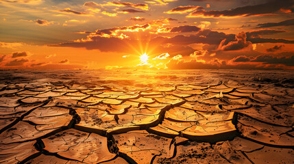 A desolate, dry, and cracked desert landscape with a sun setting in the background.
