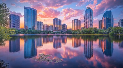 Fototapeta premium A sleek modern city skyline with towering glass skyscrapers reflecting the soft pastel hues of a serene sunset, the calm water below mirroring the vibrant pinks, oranges, and purples 