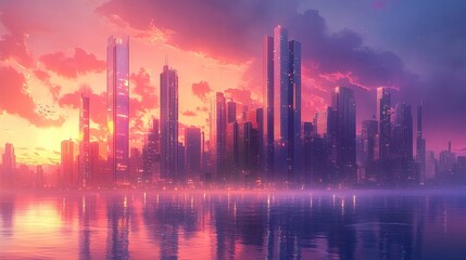 Fototapeta premium A sleek modern city skyline with towering glass skyscrapers reflecting the soft pastel hues of a serene sunset, the calm water below mirroring the vibrant pinks, oranges, and purples 