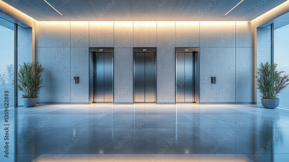 Poster modern lobby with three elevators and floor-to-ceiling windows