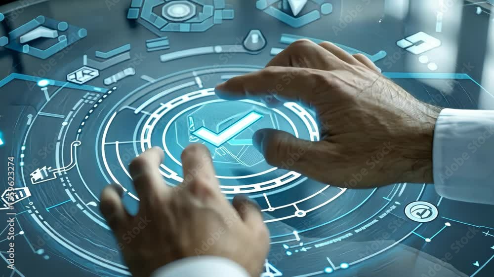 Poster hands interact with a large touchscreen displaying innovative technology and design features in a mo