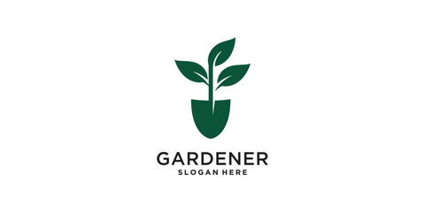 Gardening logo with shovel and leaves concept